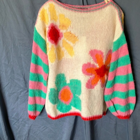 Gold & Silver: Pink & Green Crew Neck Floral Design Sweater- One size fits most - Picture 1 of 16
